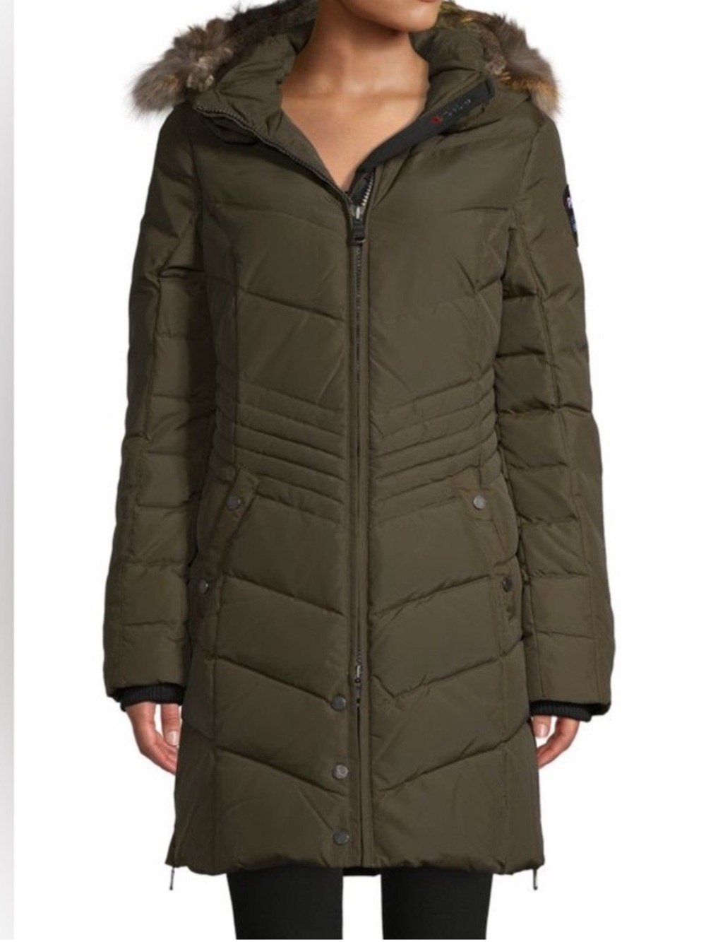 Pajar women’s Olive Puffer Coat with Faux-Fur Trim Hood